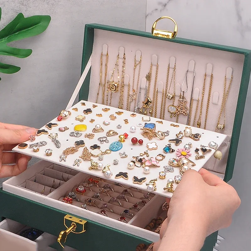 Portable Jewelry Box Large Capacity Jewelry Organizer Display Jewelry Case Button Leather Storage Zipper Jewelers Joyero