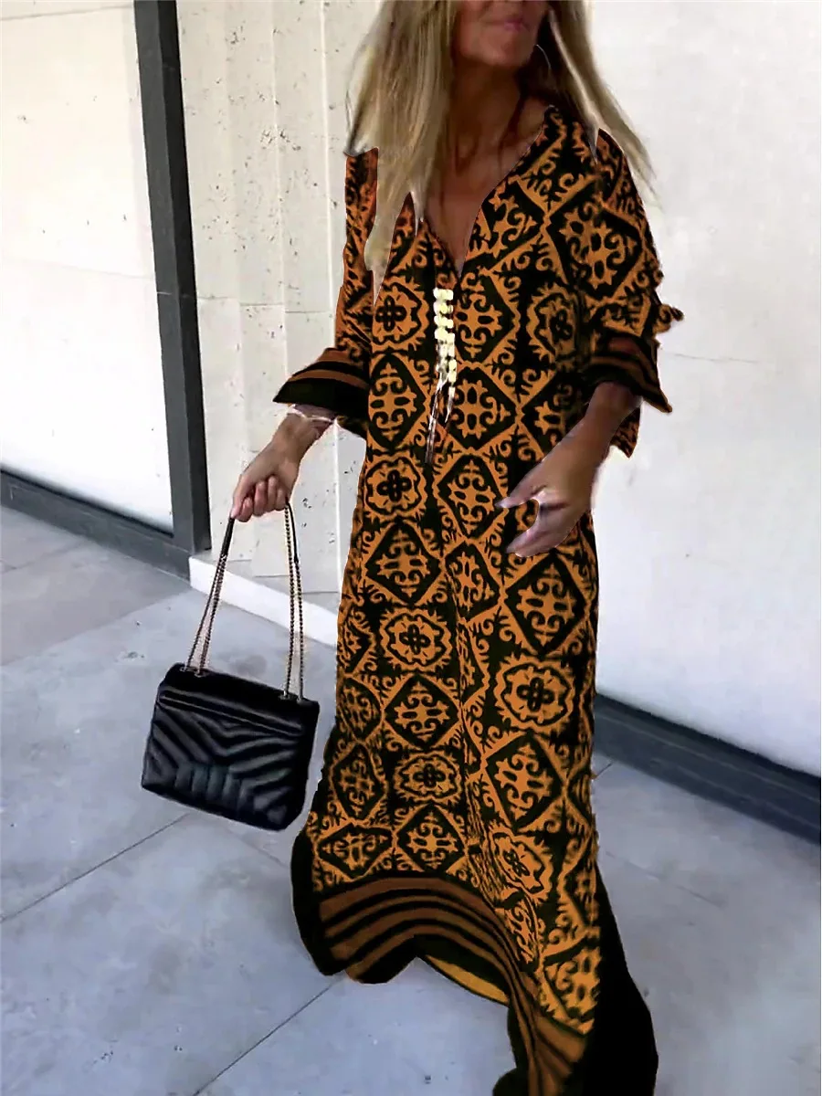 Women Geometry Print Dress Summer Spring 2024 Fashion Long Sleeve Robe Split Sexy Long Midi Evening Dress Street Female Vestidos