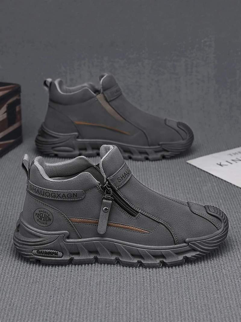 Men's High-Top Work Boots Winter Fleece Lined Warm Cotton Shoes Anti-Slip Wear-Resistant Construction Site Labor Protection T...