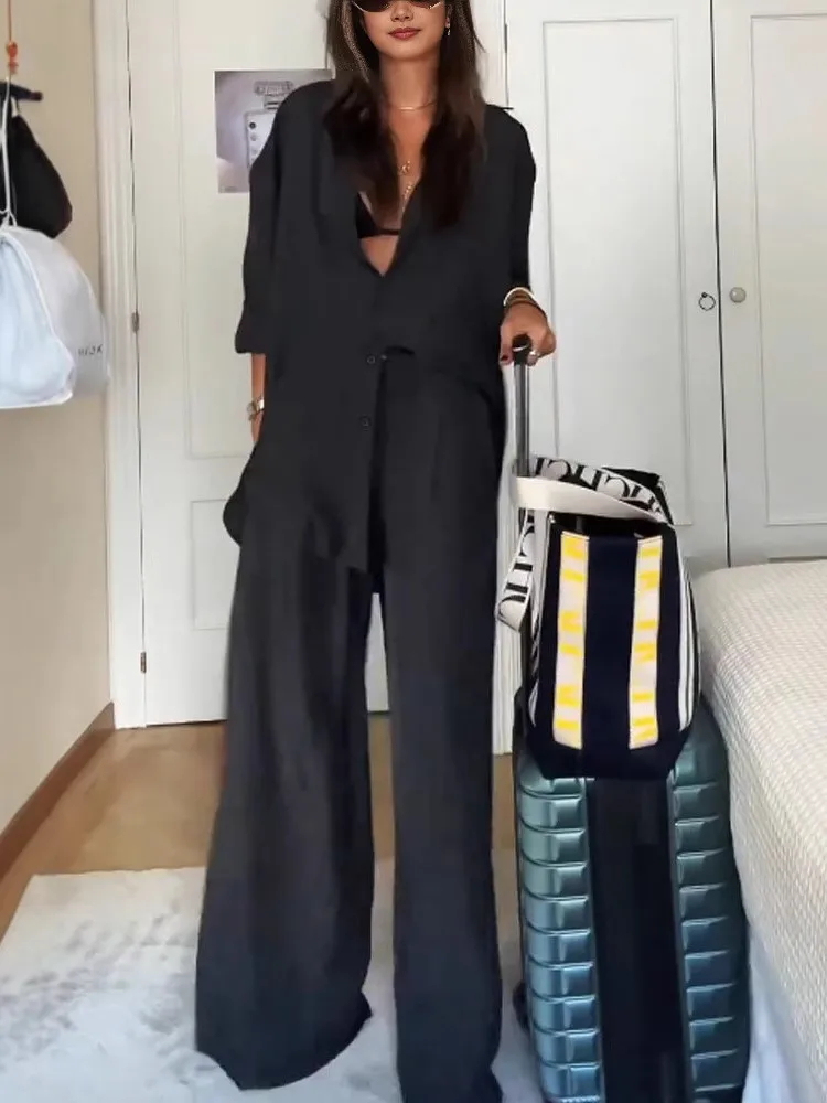 

New Fashion Black Suit Women Autumn Long Sleeve Single Breasted Shirt + Pocket Pants Elegant 2 Piece Sets Casual Office Outfits