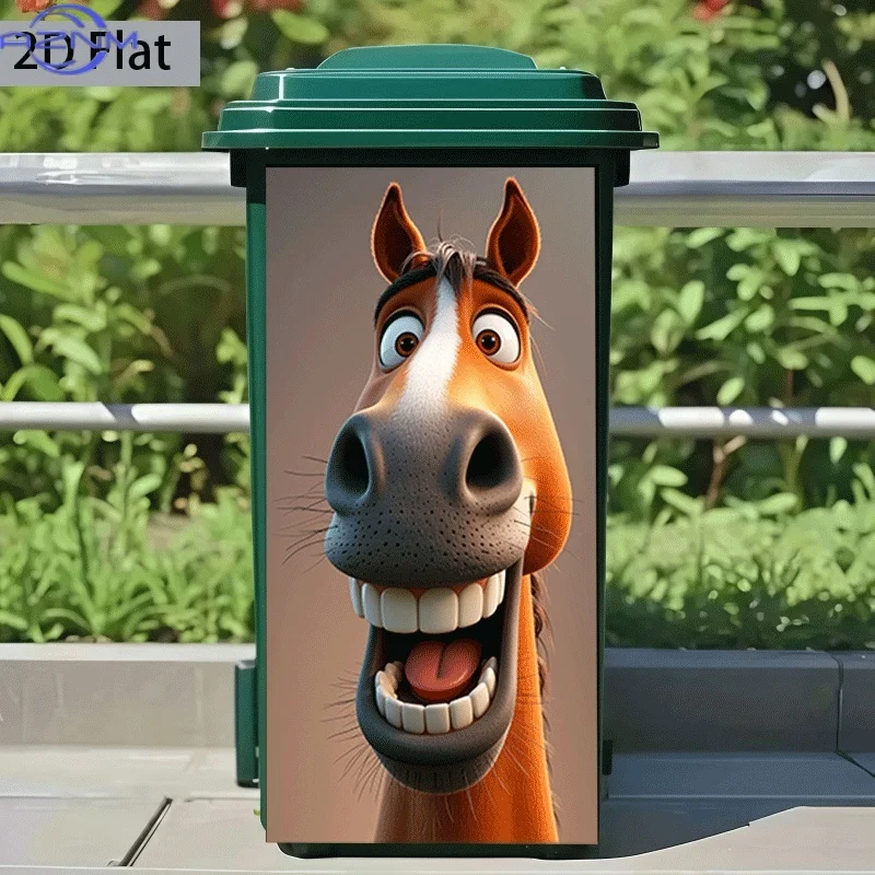 2D Flat Printing 1pc Trash Can Sticker  Grinning Horse Themed Design Self-Adhesive Wall Decal Wallpaper for Kitchen Trash Can