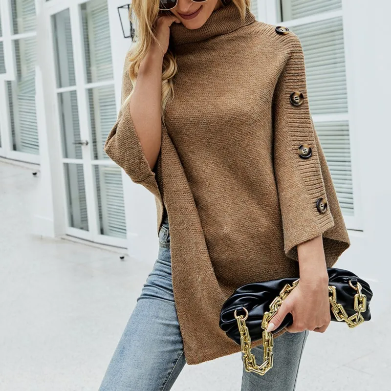 Women's sweater pullover Casual autumn/winter Retro ethnic style shawl loose long sleeved knitted cape High collar basic