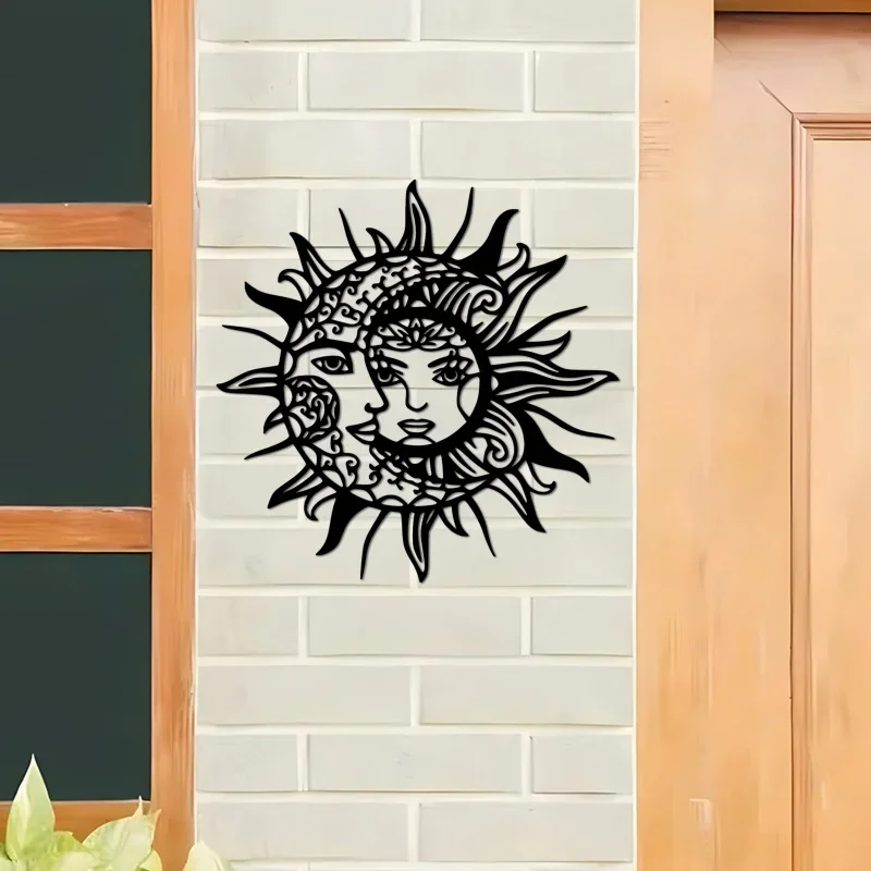 CIFBUY Boho Sun and Moon Face Metal Wall Hanging Celestial Mystical Metal Sign Bohemian Home Garden Wall Art Decoration