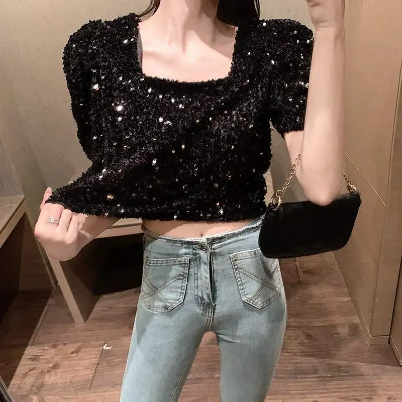 Summer Glitter Sequins Glitter Bling Bling Crop Top Lantern Sleeve Cute Girls Disco Club Bar Shirts Harajuku Sweet