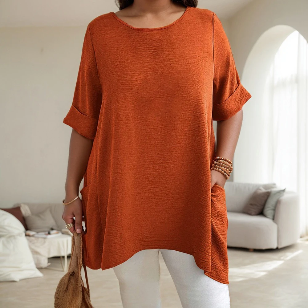 حجم كبير المرأة الصلبة س الرقبة انخفض الكتف كم جيوب تونك القمم الصيف السيدات بلوزة كاجوال تي شيرت تي شيرت حجم 1XL-5XL