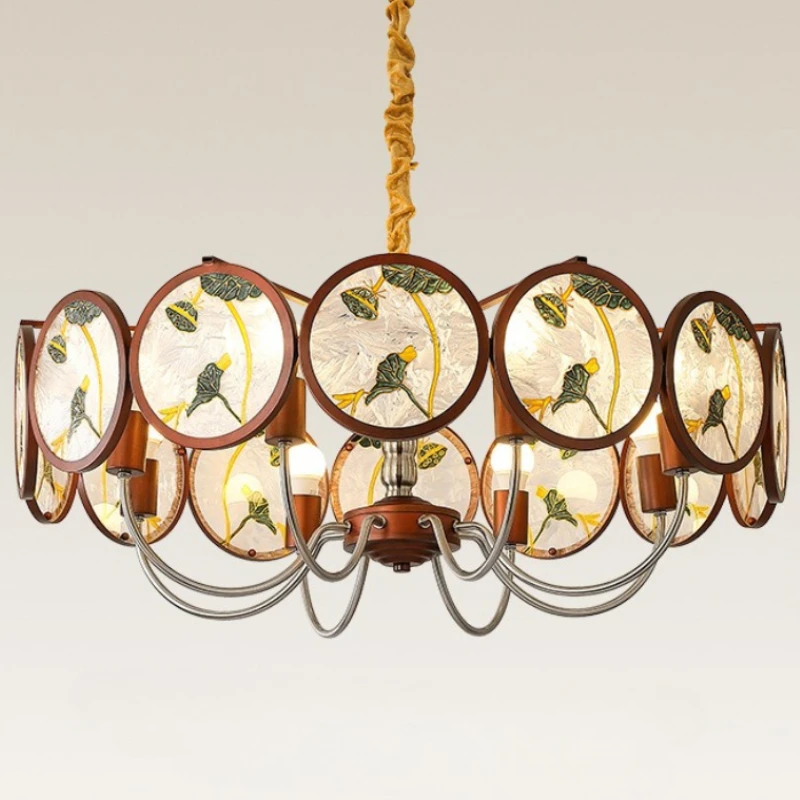 

European Light Luxury Iron Chandeliers for Living Room Hotel Lobby LED Sample Room Rectangle Ceiling Pendnat Lamps Circular Disk
