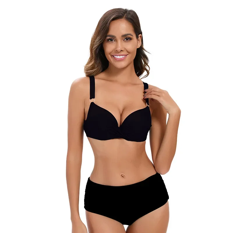 Nouveau Style femmes Sexy couleur unie taille haute Triangle Bikini avec froncé dos nu conception maillots de bain Bikinis ensembles