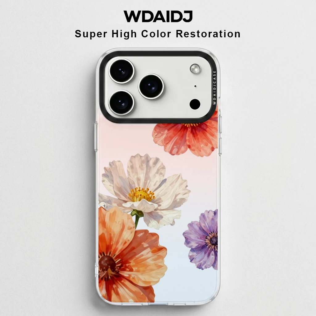

Watercolor Poppy Floral Print Clear Phone Case for iPhone 13 14 15 16 17 Delicate Pattern Yellow Shockproof Protective Cover