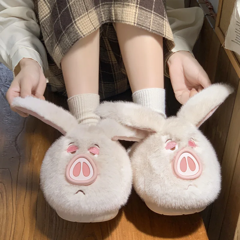 

New Kawaii Cartoon Pig Fluffy Slippers for Autumn Women Winter Soft Plush Anti-Slip Girls Indoor Home Shoes Floor Cotton Slides
