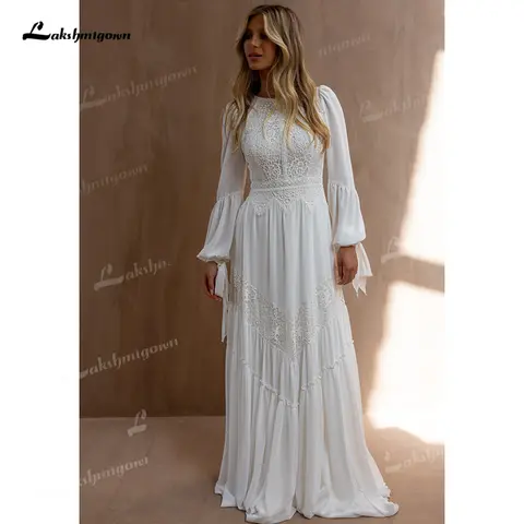 Lakshmigown Long Sleeve Boho A-Line Wedding Dress 2027 O-Neck Sweep Train Cut-Out Lace Bridal Gown Vestido Femininos Customized