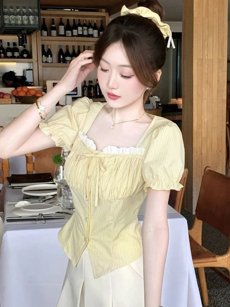 Zoki หวานสีเหลืองลายเสื้อผู้หญิงลําลอง Vintage Square Collar Slim เสื้อเกาหลี Preppy สไตล์ Puffy Sleeve Elegant Tops ใหม่