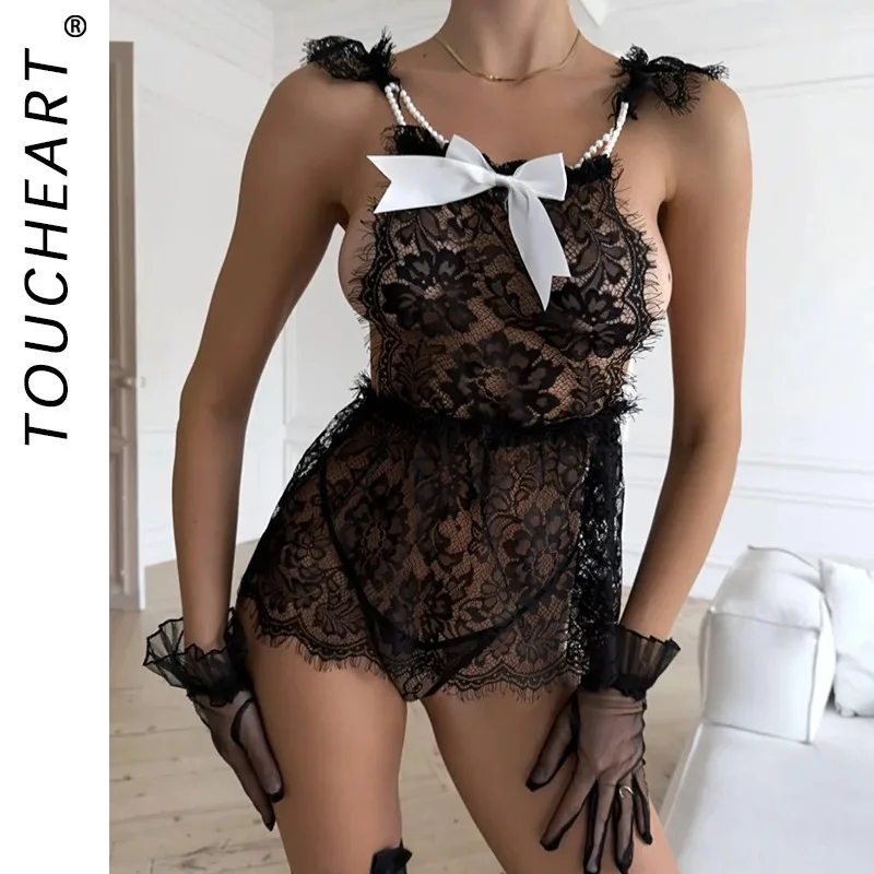 

Toucheart Hot Floral Sleeping Skirt with Panty Cosplay See-through Seductive Slim Backless Women Interesting Premium Private Set