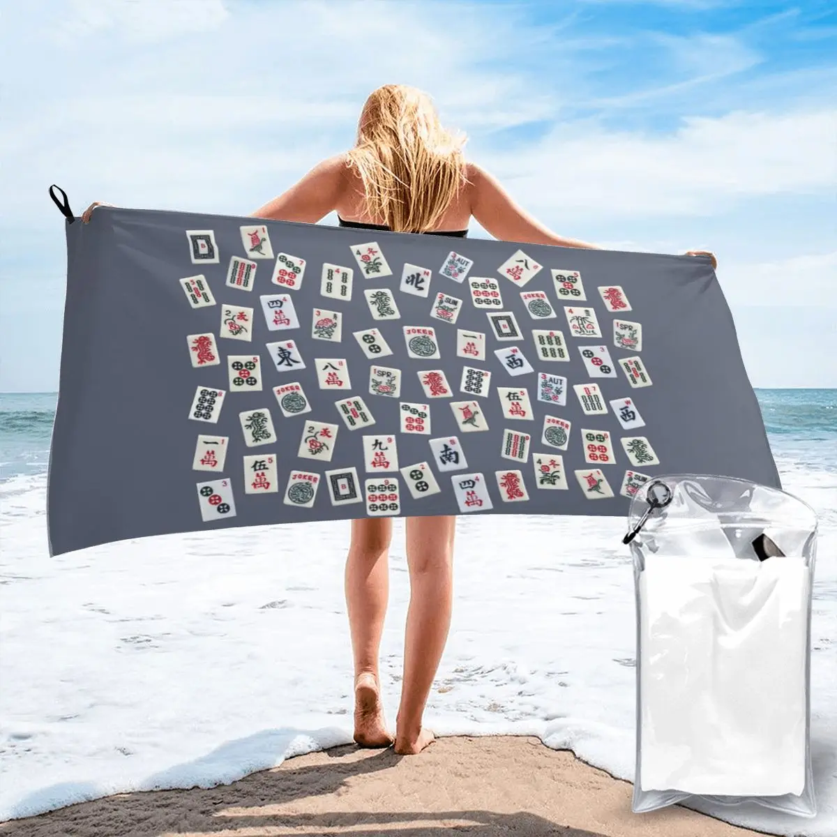 

Mahjongg Game Tiles Design On Blue Color Beach Towel Soft Microfiber Quick Dry Absorbent Quick Towels For Bath