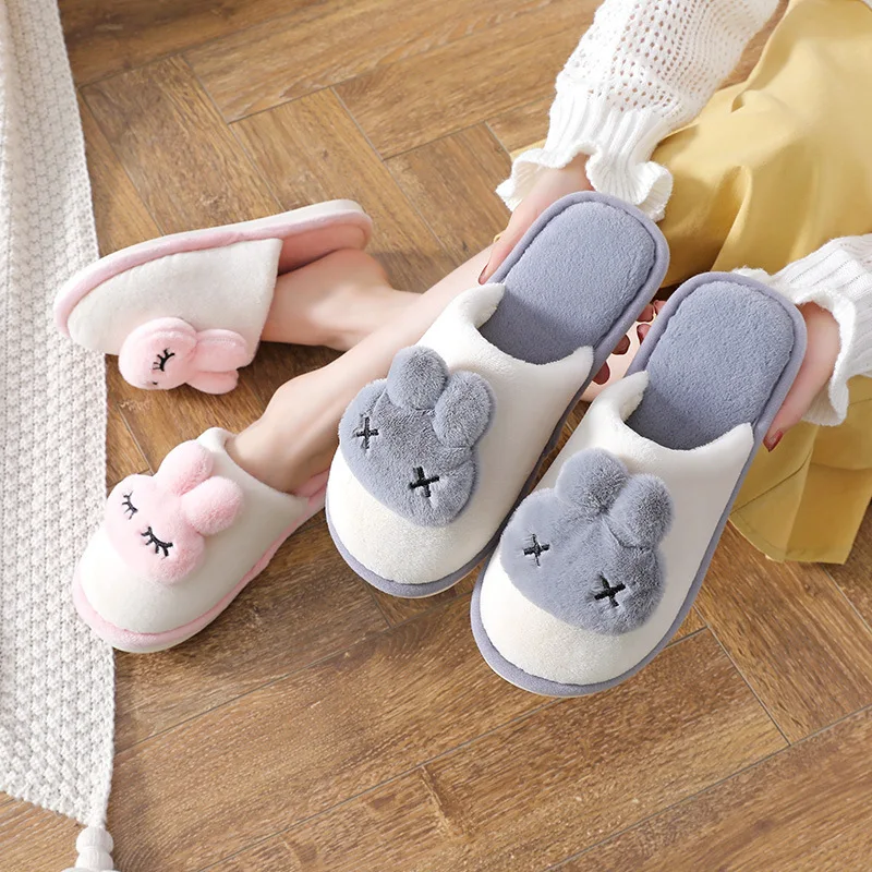 

Cute Cotton Fluffy Slippers Home Cartoon Rabbit Plush Slides Couple Funny Christmas Casual Designer Shoes Women Indoor Wholesale