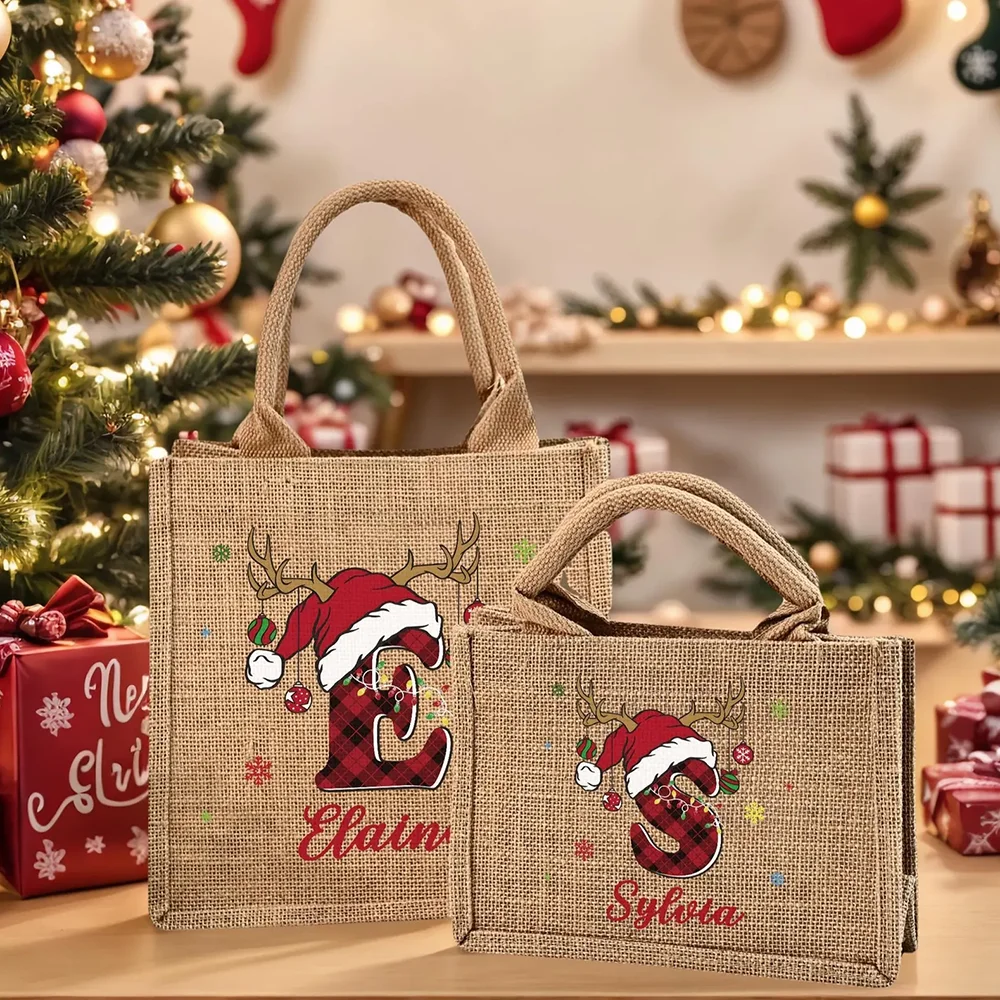 

Custom Initials 1Pcs Christmas Linen Tote Bag Winter Holiday Accessory New Year Gift for Friend Relative Santa Claus Filling Bag