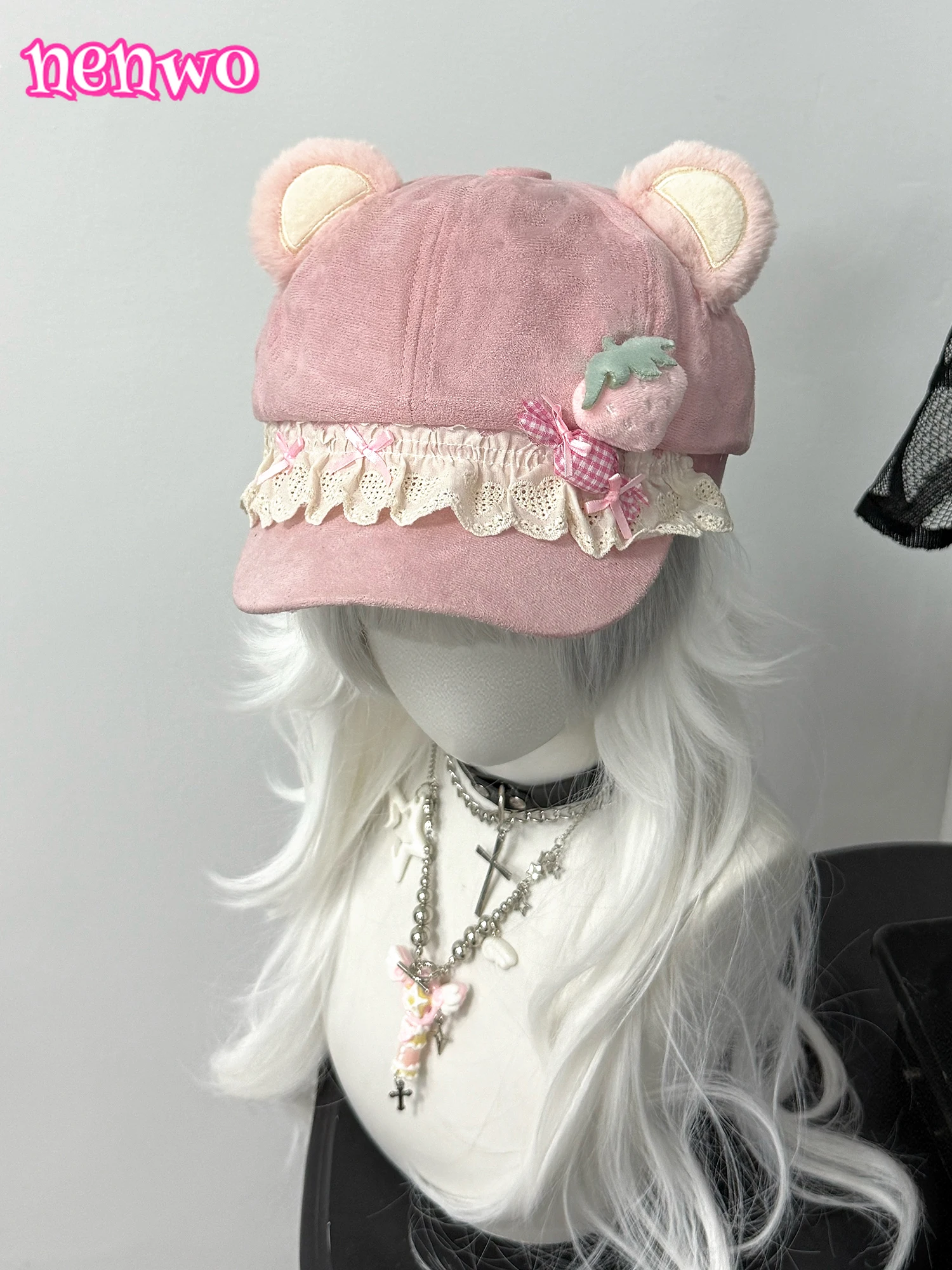 

Оригинальная милая кепка газетчика в стиле Лолиты, женская плюшевая кепка с ушками, клубничный медведь, кружевная бейка, розовая, синяя, очаровательная шляпа