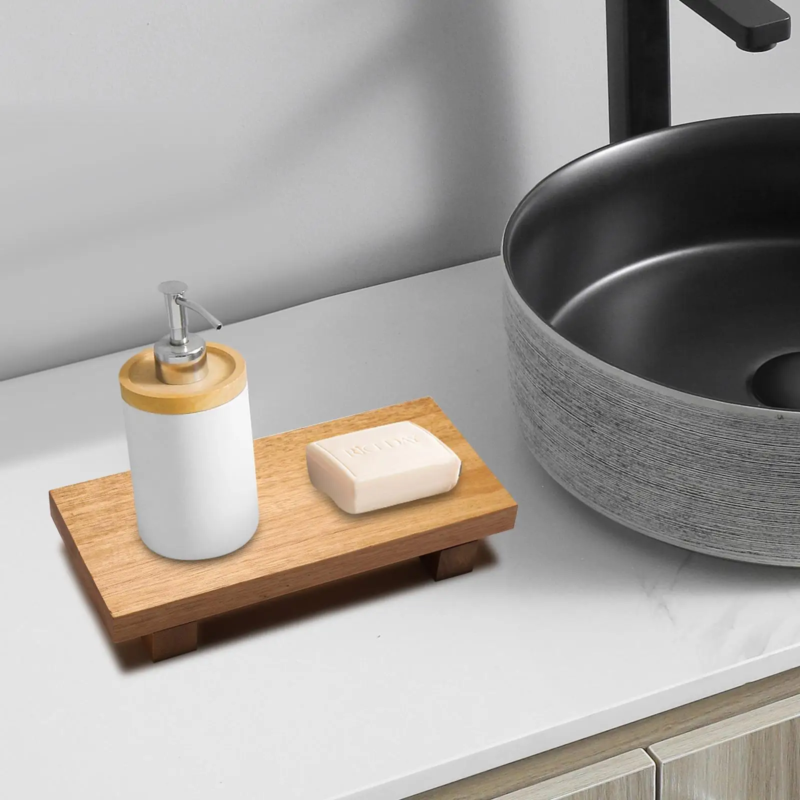 Wooden Pedestal Stand Footed Tray Rustic Makeup Jewelry Holder Soap Dish Wood Riser for Party Vanity Wedding Sink Decoration