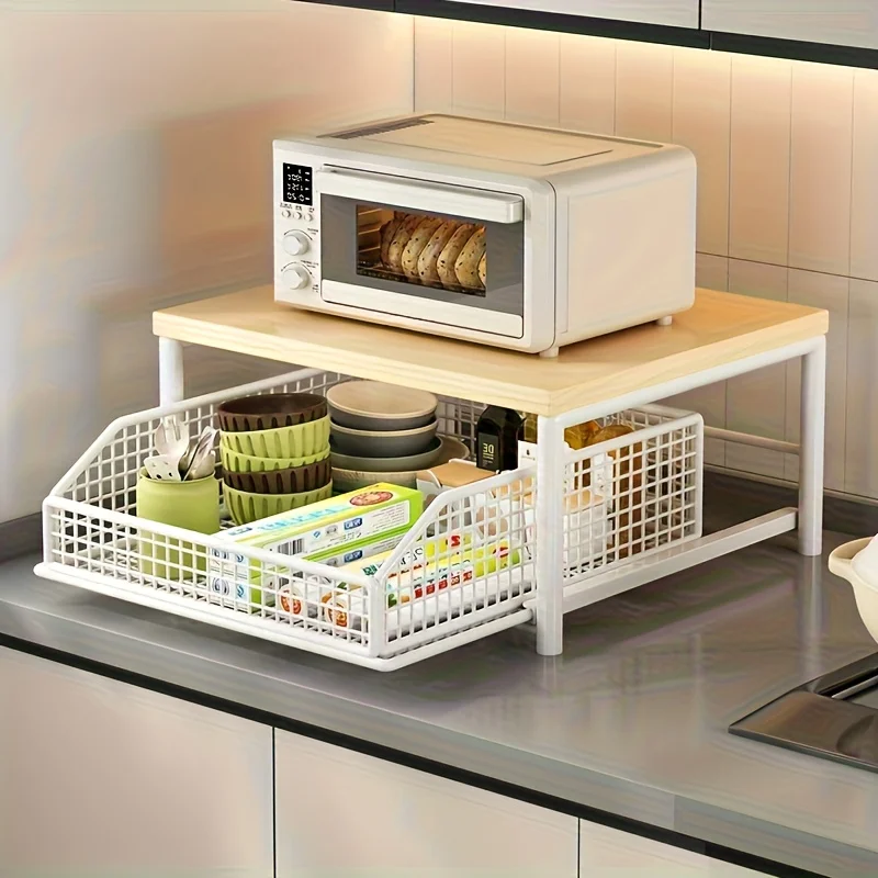 

Space-Saving Kitchen Countertop Organizer with Drawer & Wire Basket - for Coffee Maker, Utensils, Spices