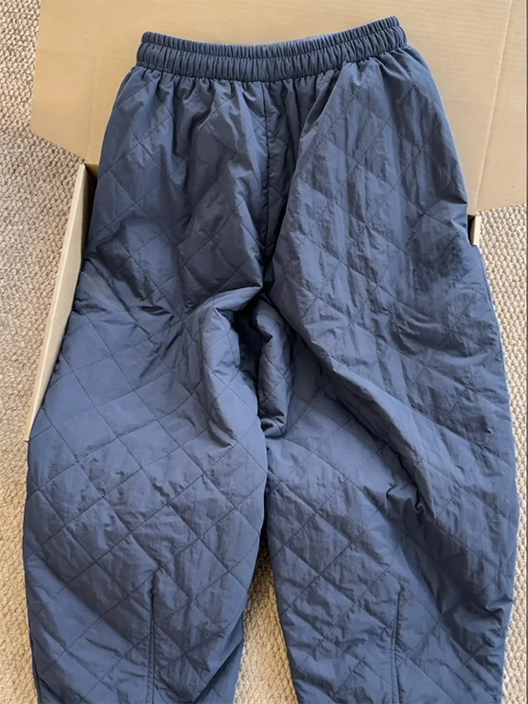 Loose Fit Oversized Japanese Style Retro Dark Blue Batted Cotton Trousers Women's Warm Cotton Padded Nine Point Pants