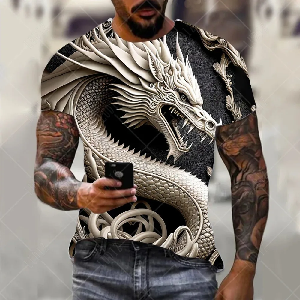 

2025 New Trendy Retro Men's 3D Digital Printed Dragon Loose Personalized Sports Short Sleeve Customized Casual T-shirt for Men