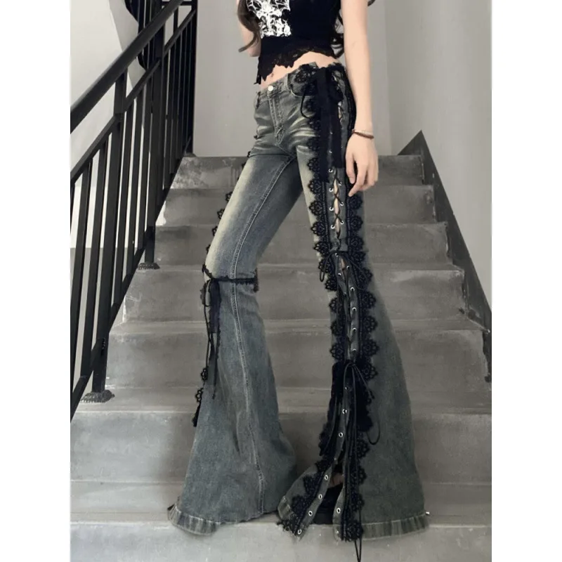 Lace Strap Split Jeans Girls Slim Fit Micro Flared Floor Length Pants