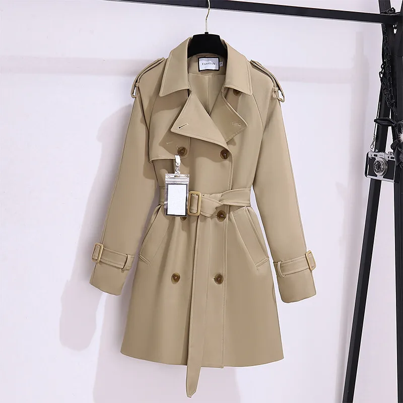 Khaki Black Short Trench Coat With Sashes Women Spring New Loose Casual Lapel Double-breasted Long Sleeve Female Windbreaker