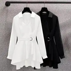 Belt Shirt Irregular Hem V Neck Long Sleeves Women Tunic Shirt Black White Elegant Waist Tight Shirt Jumper Office Lady Shirts