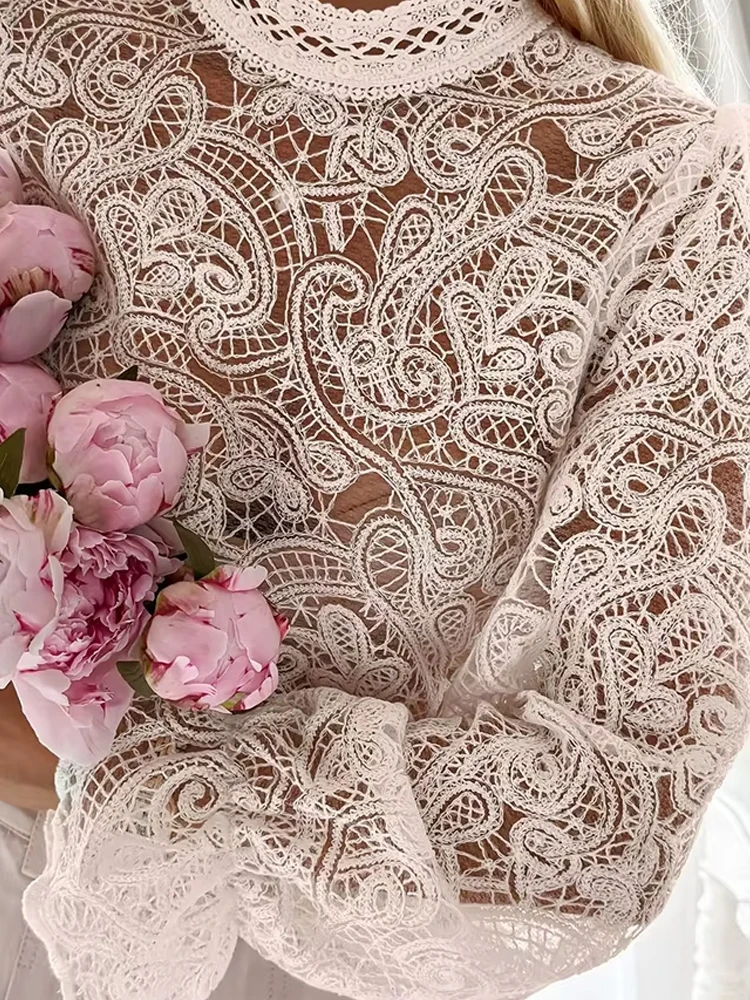 

Элегантная блузка с воротником-стойкой и вырезами, весна 2026, повседневная, с длинным рукавом, однотонная, летняя, модная, кружевная, свободного кроя, для офиса