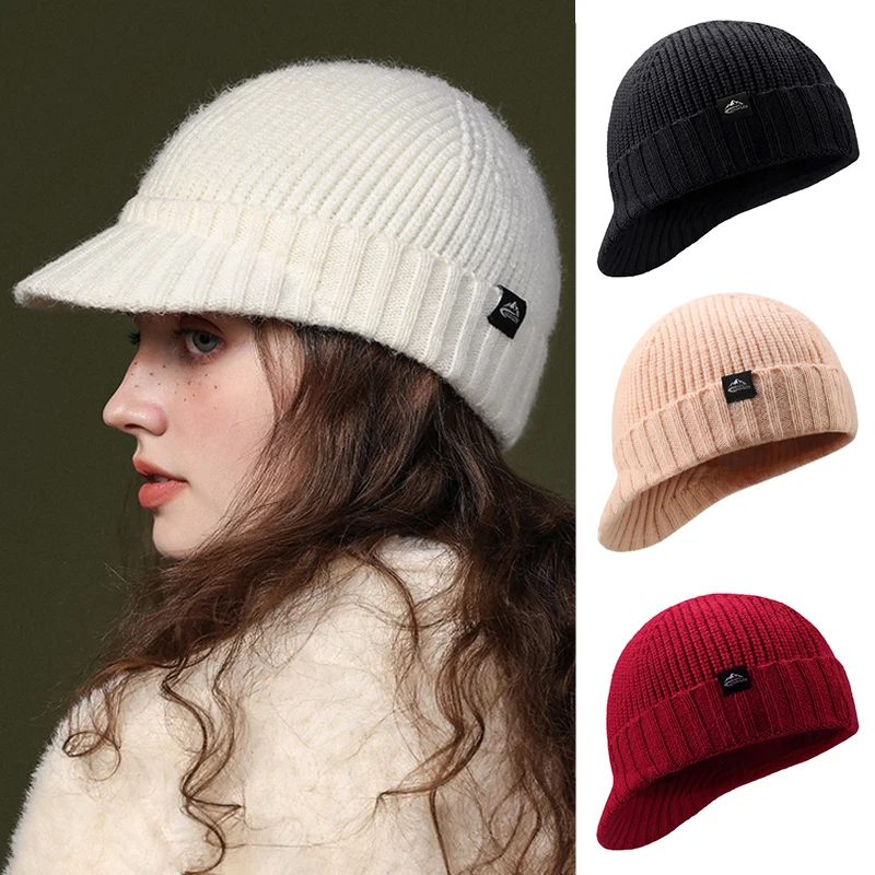 Autumn Winter Knitted Baseball Cap for Women Men Wool Short Brim Visors Fashion Keep Warm Windproof Ear Protection Knit Cold Hat