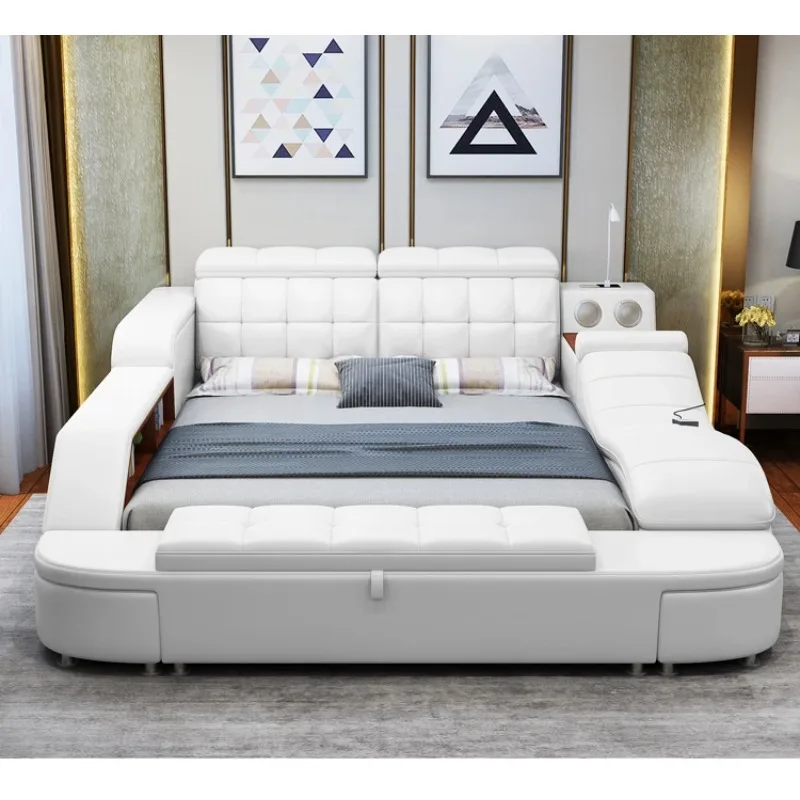#King/Queen Size Multifunctional Bed Tech Smart Beds Ultimate Camas TATAMI Massage Lit Genuine Leather Upholstered Bed with Audi