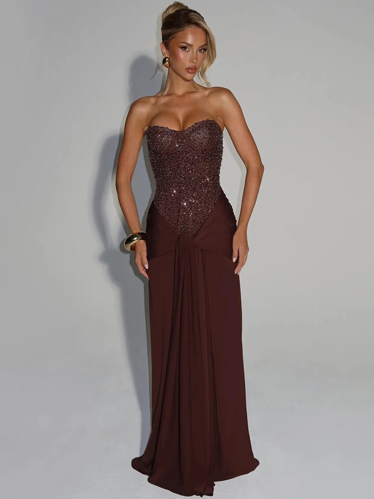 

Mozision Sparkle Off-shoulder Sexy Maxi Dress Women Elegant Glitter Strapless Backless Sleeveless Draped Ruched Club Party Dress