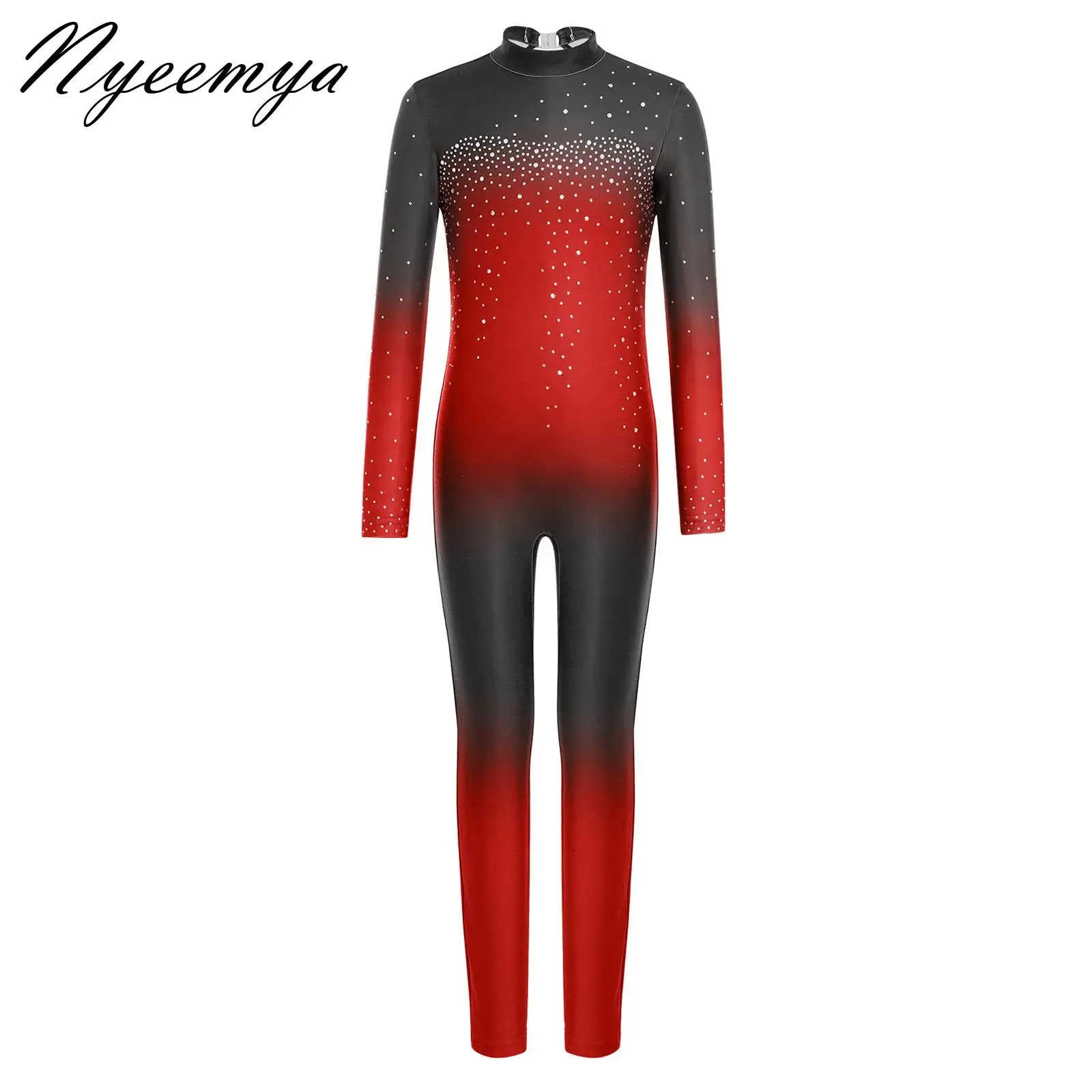 

Kids Girls Gradient Color Glittery Rhinestone Jumpsuit Bodysuit Gymnastics Figure Skating Dance Leotards Performance Unitard