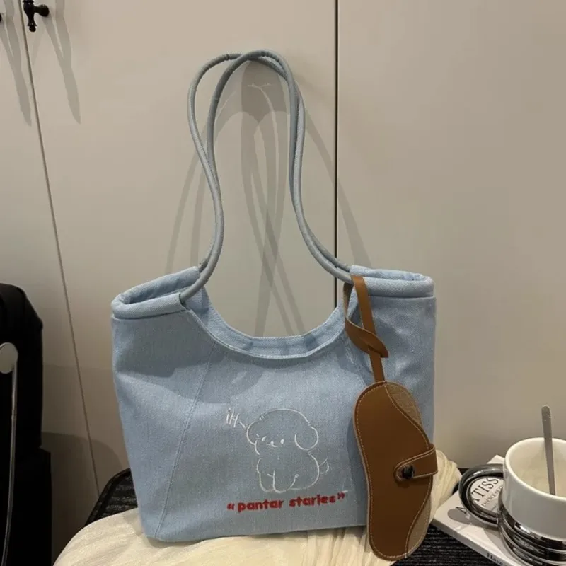 JIAERDI Korean Cartoon Puppy Tote Bag Women Large Capacity Denim Canvas Shoulder Bag Ladies Sweet Cute Blue Handbag Underarm Bag