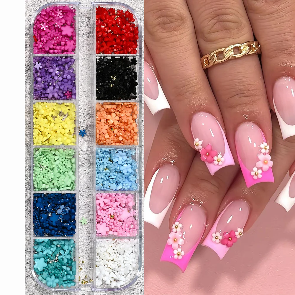 12/15 grades 3d flor de cinco pétalas decorações da arte do prego com contas de caviar colorido primavera floral encantos do prego diy manicure acessório