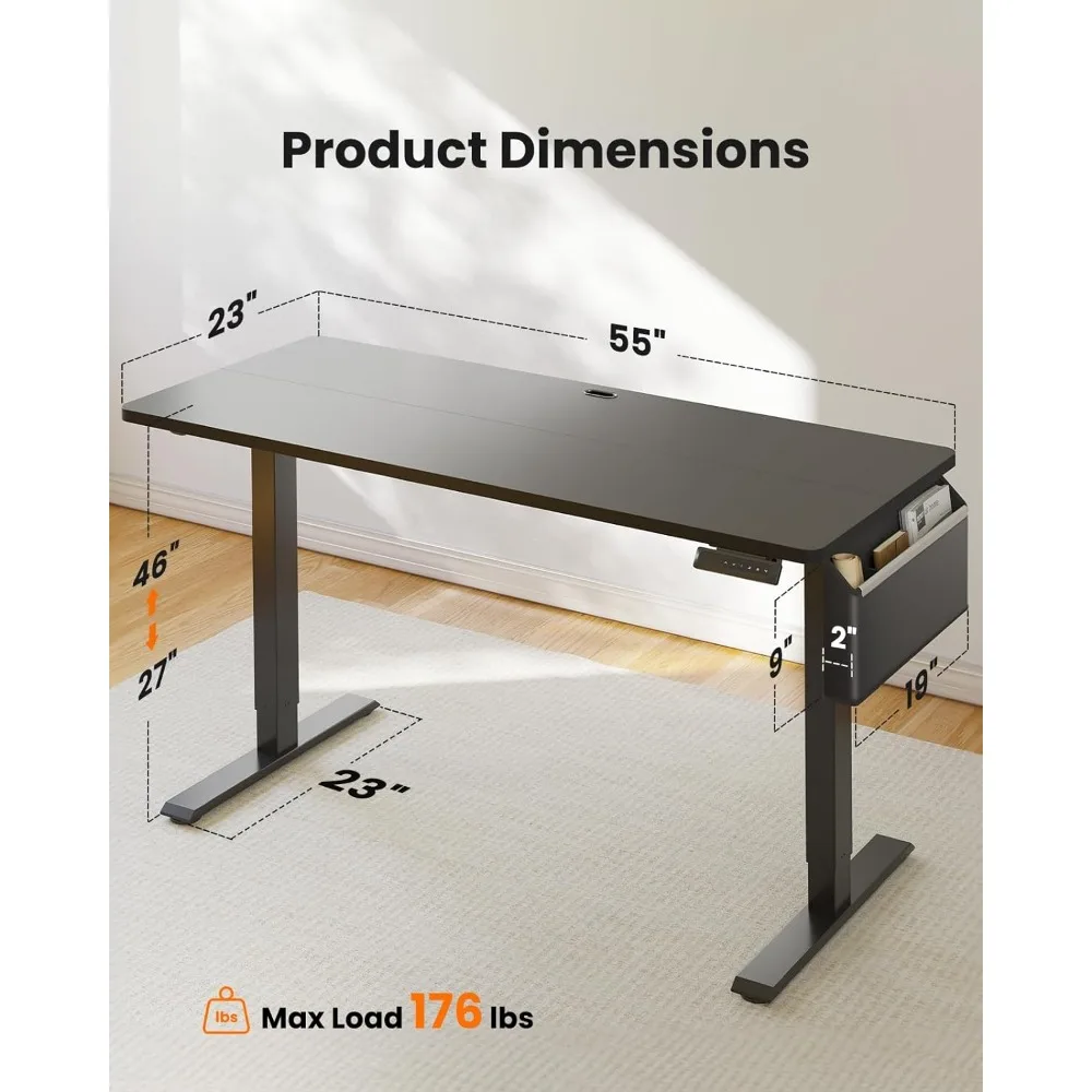 Standing Desk with Storage Pocket, 55 x 24 inch Height-Adjustable Standing Desk, Electric Standing Desk Workstation