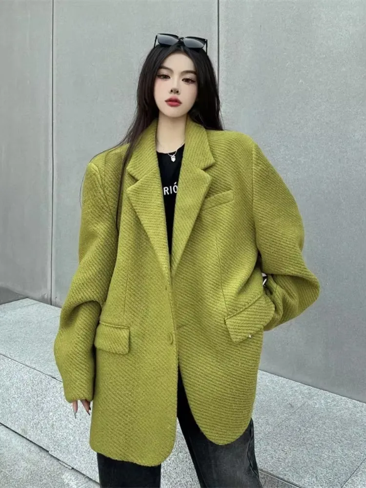 Insozkdg Mustard Green Woolen Women Jackets 2025 New Autumn Winter High-end Sense Loose Mid-length Casual Coat Women Clothing