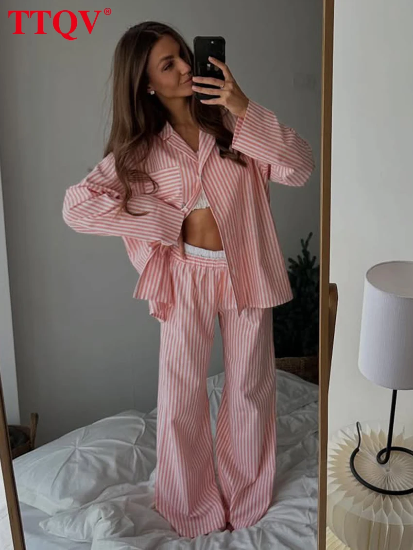 

TTQV Fashion Loose Stripe Print 2 Piece Set Women 2026 Spring Long Sleeve Shirt With High Waist Wide Pants Set Female Clothing