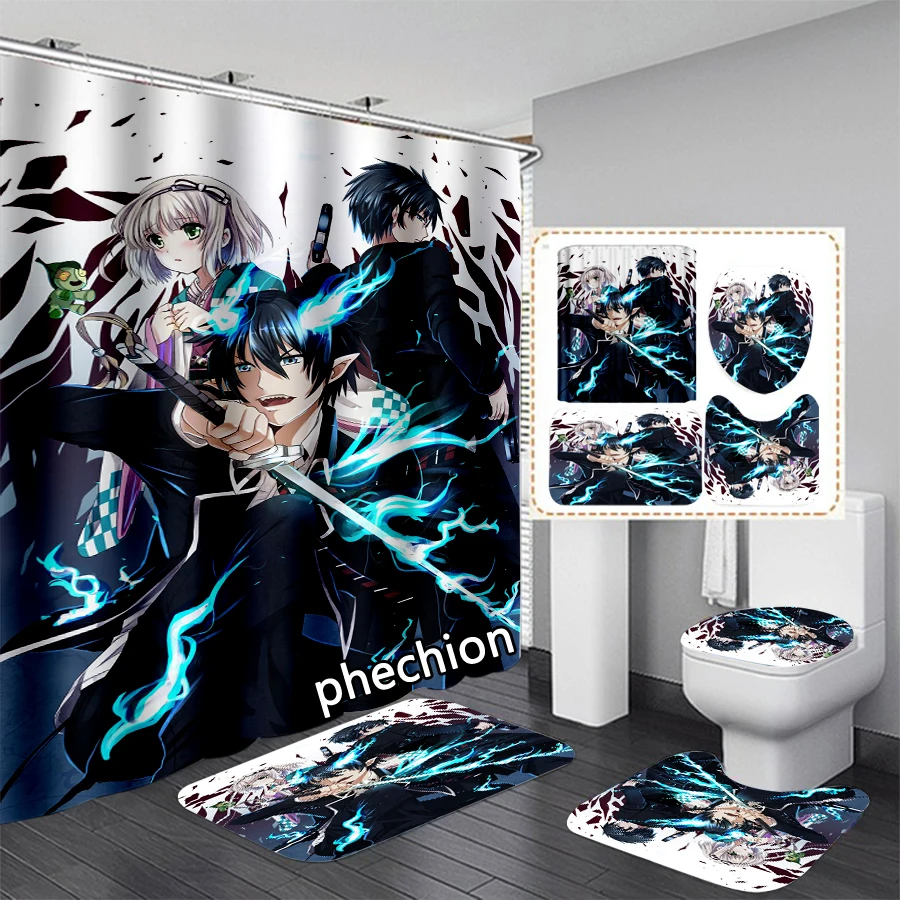 phechion Anime Blue Exorcist 3D Print Waterproof Bathroom Shower Curtains Toilet Cover Mat Non-Slip Floor Mat (1/3/4Pcs) W90