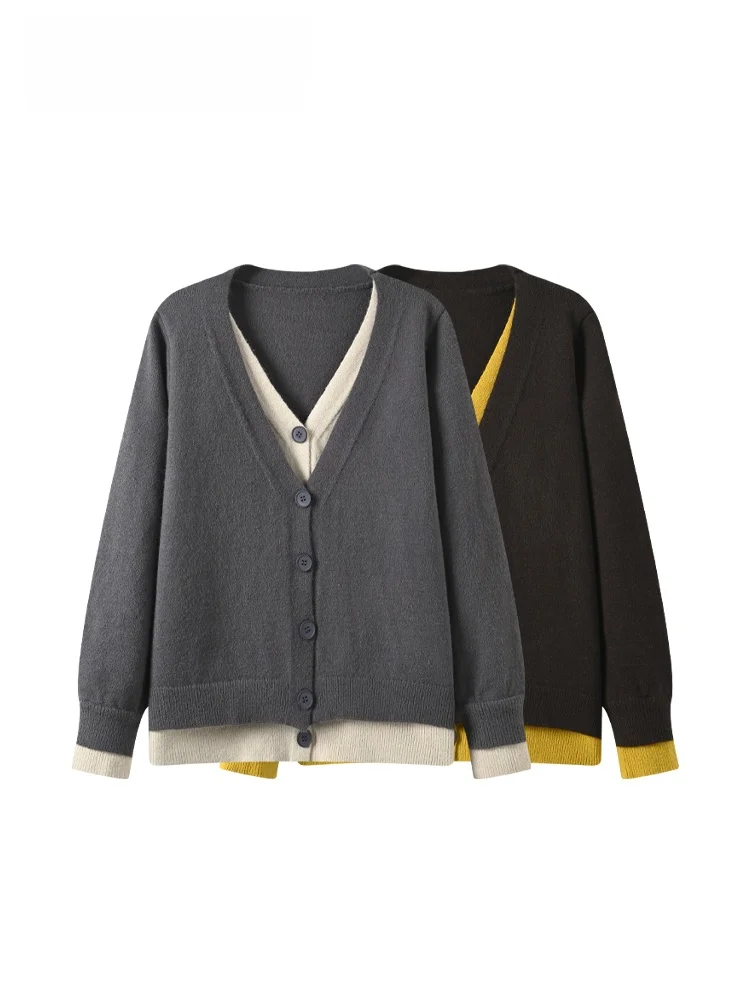 

Casual V-Ne Long Sve Knitted Sweater plus Size Women's Spring New Sle Fake Two-Piece Top Comfortable Versatile plus Size