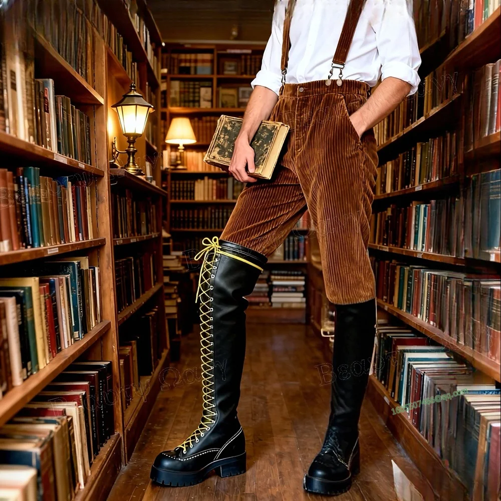 

Black Yellow Rope Lace up Knight's Boots Over the Knee Men's Shoes Round Toe Long High Shoes for Men 2024 Zapatos Para Hombres