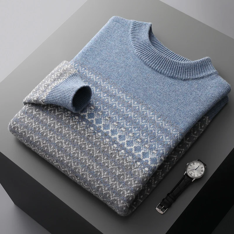 

100% Merino wool autumn and winter pullover men's round neck knitted sweater thick warm national style men's wear coat