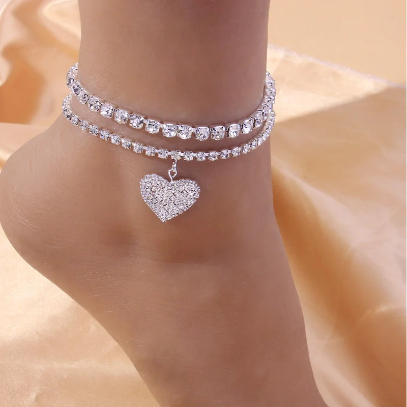 Fashion Rhinestone Heart Anklets for Women Girl Silver Color Crystal Foot Ankle Bracelet Barefoot Sandals Jewelry 2Pcs/Set Gift