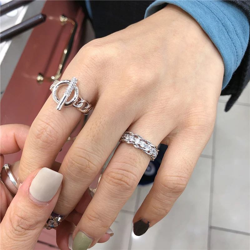 Peri\'sBox 2 Designs OT Clasp Gold Color Rings Curb Link CZ Stone Geometric Rings for Women Minimalist Chain Open Ring Adjustable