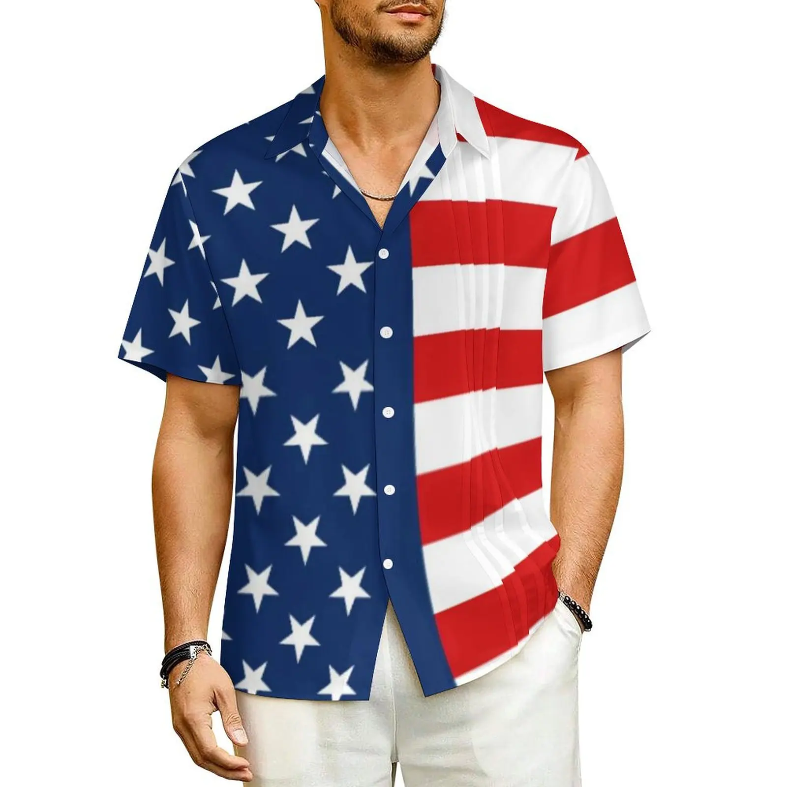 

American Flag 4th of July Vacation Shirt Stars and Stripes Summer Casual Shirts Mens Vintage Blouses Short Sleeve Harajuku Tops