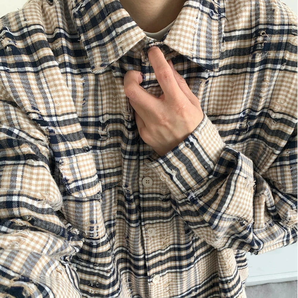 Japanese Streetwear Distressed Ripped Plaid Shirt Long Sleeve Spring Autumn Men Women College Style Lazy Casual Vintage Fashion
