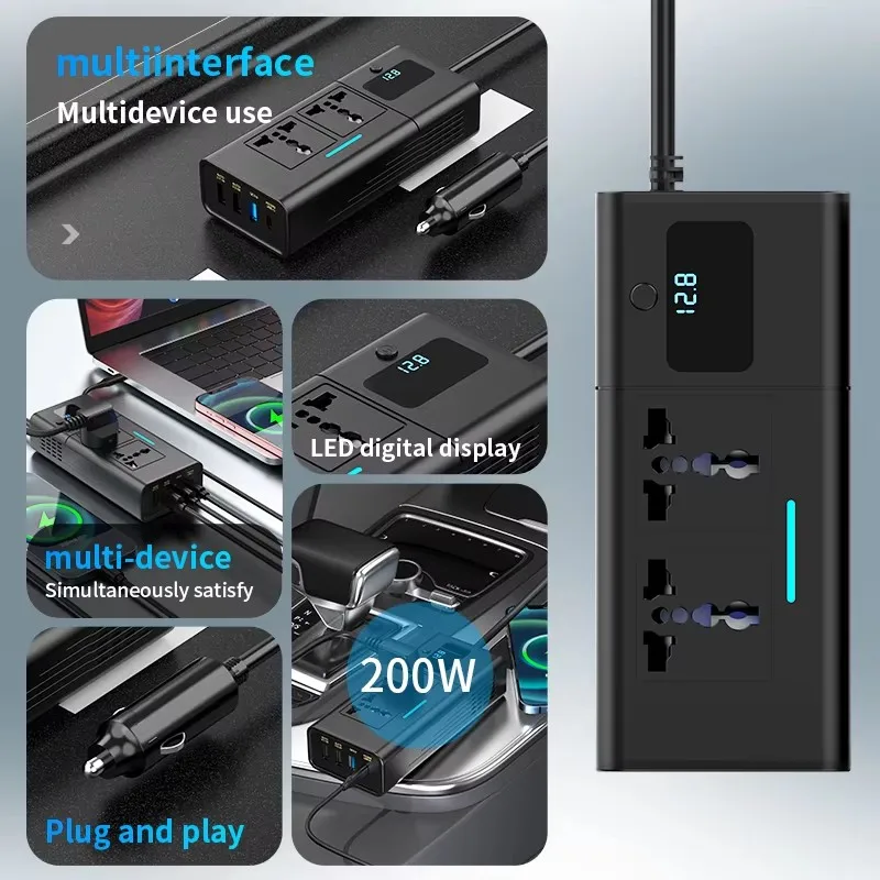 200-Watt Heavy-Duty Car Power Inverter: 12 V DC to 110/220 V AC Conversion with Dual USB Charging Ports Automotive Applications