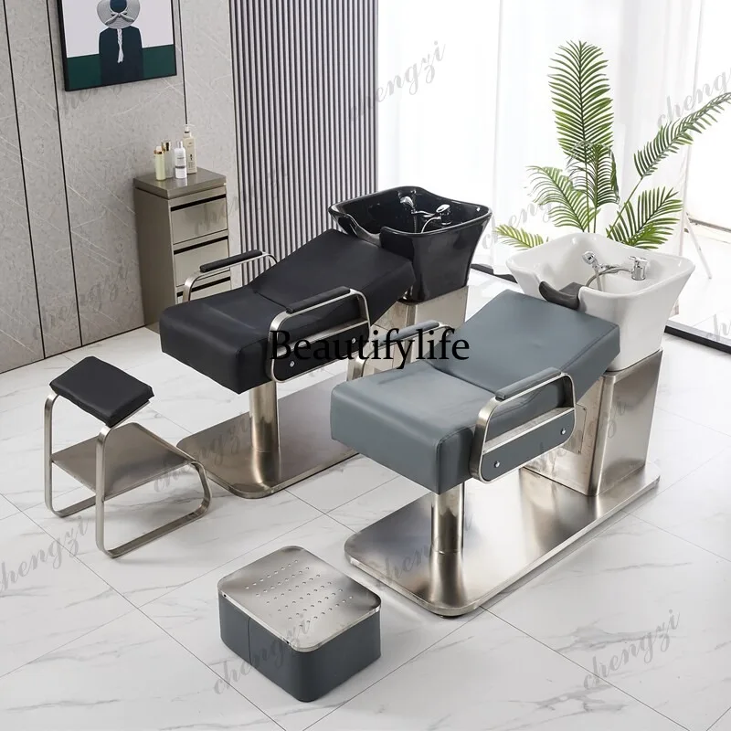 BBB Stainless steel haircut shampoo bed semi-reclining hairdresser hair salon special punch shampoo bed ceramic basin