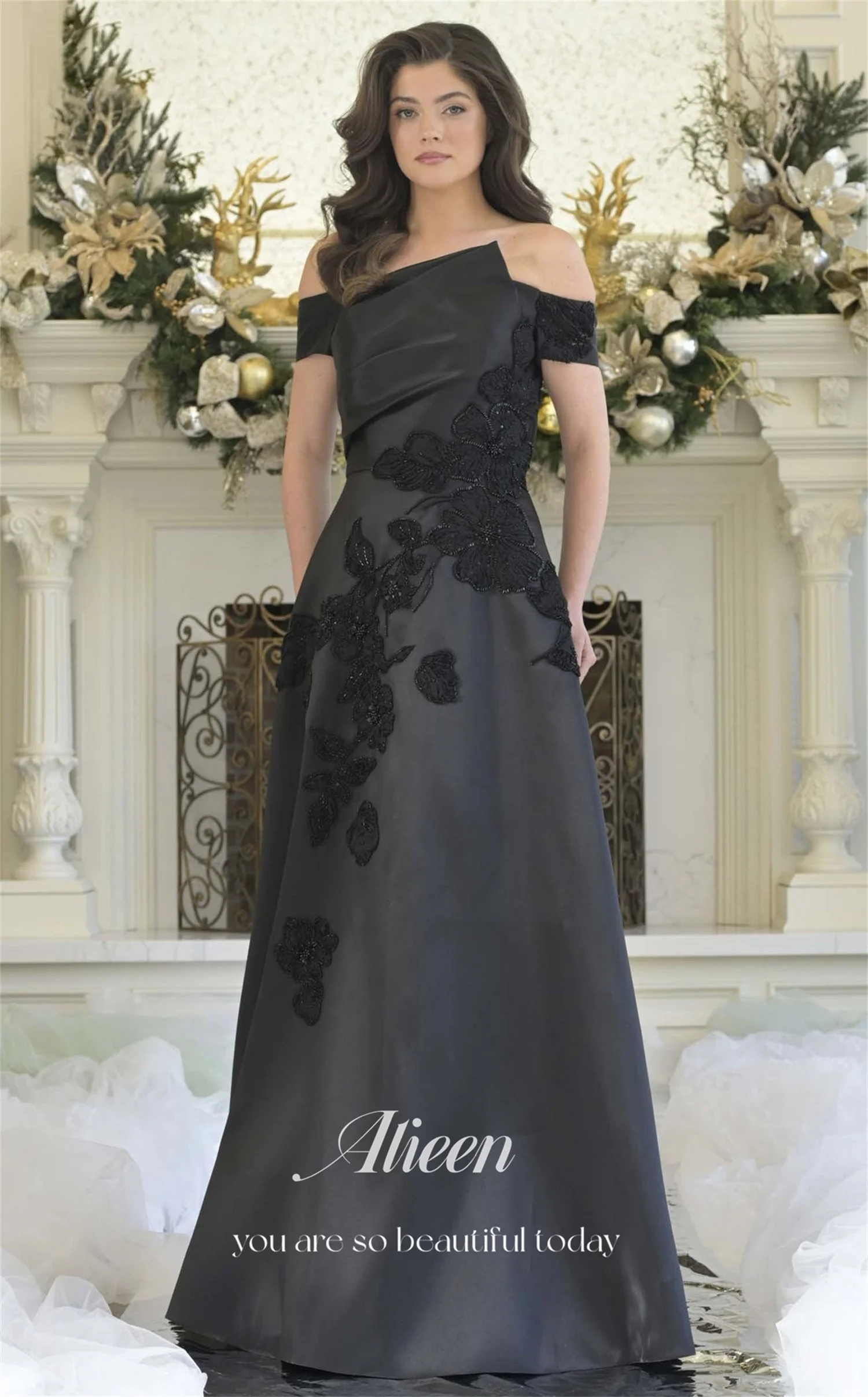 Aileen 3D Bloemen Luxe Avondjurken 2025, Luxe Satijn Vestidos De Festa Aangepaste فسات Musta-2011 Zwarte Vrouwen Avondjurk