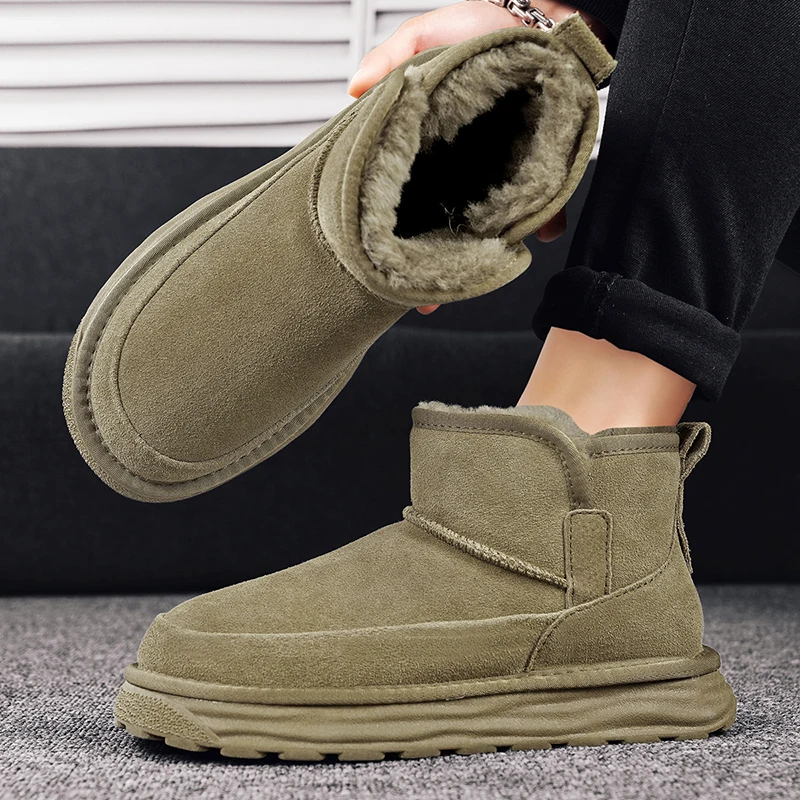New Leather Men\'s Boots 2024 Winter Platform Warm Fur Ankle Short Slip On Fashion Casual Work Shoes Botas Platform Boots