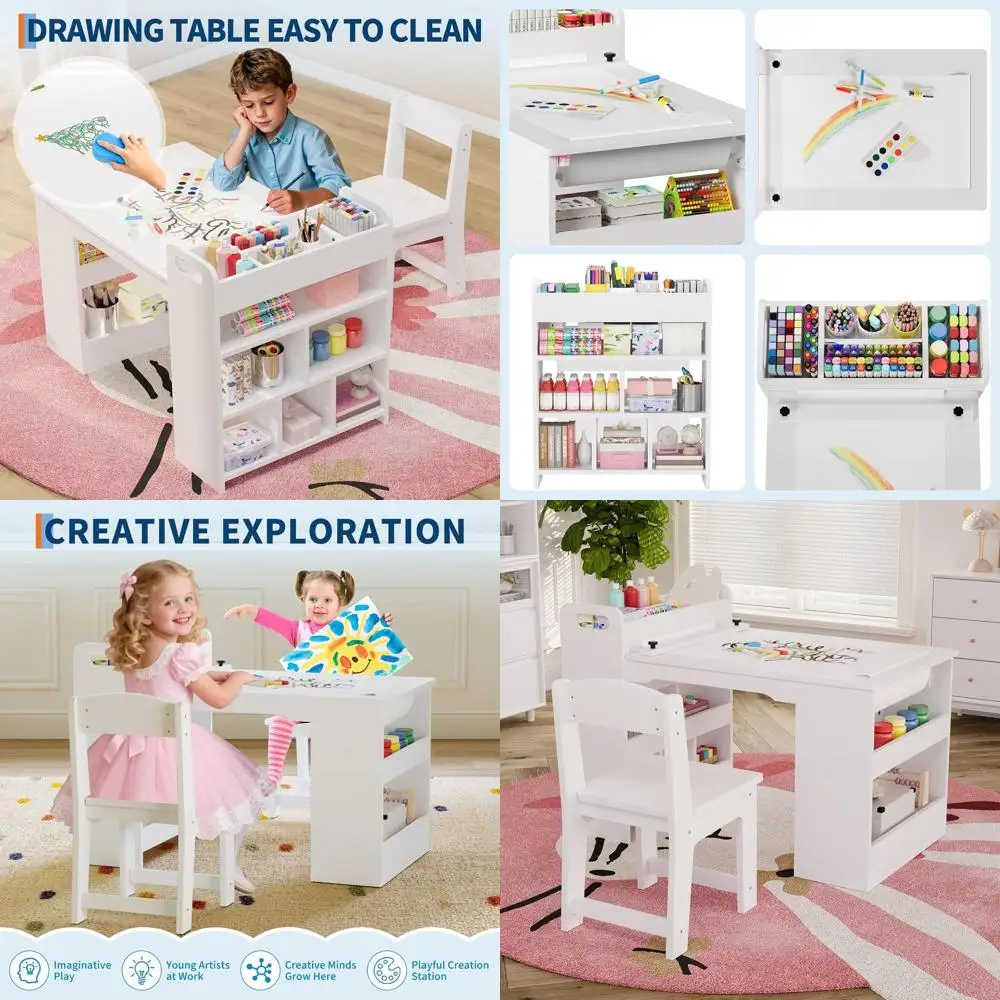 

Children's Wooden Art Table with Two Chairs and Storage Shelves for Creative Play